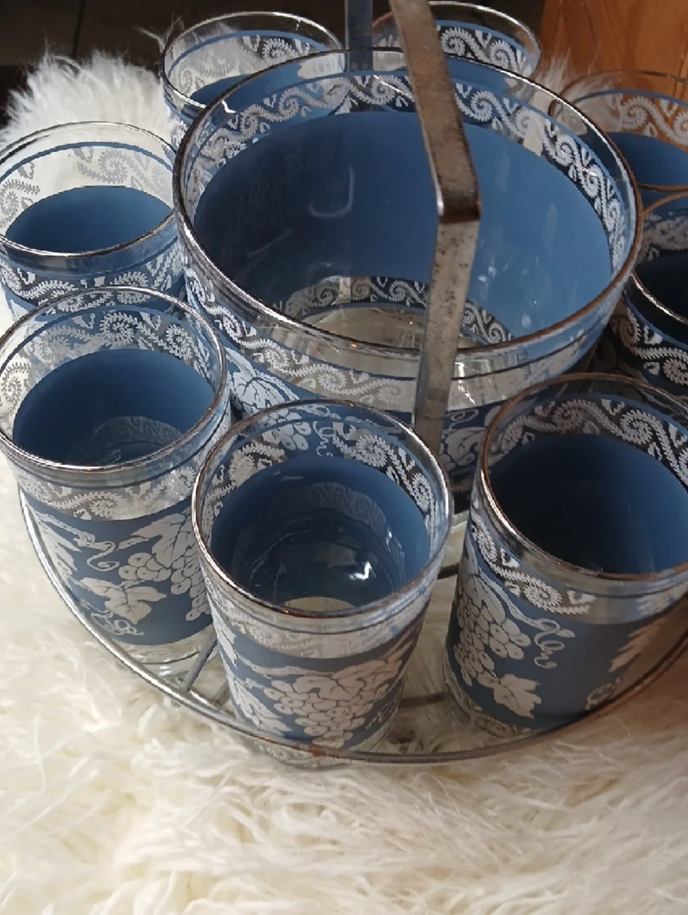 Blue Floral Glass Tumbler Set with Carrier